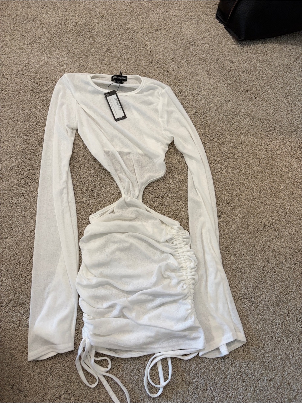 PrettyLittleThing White Cutout Ruched Long Sleeve Swim Coverup